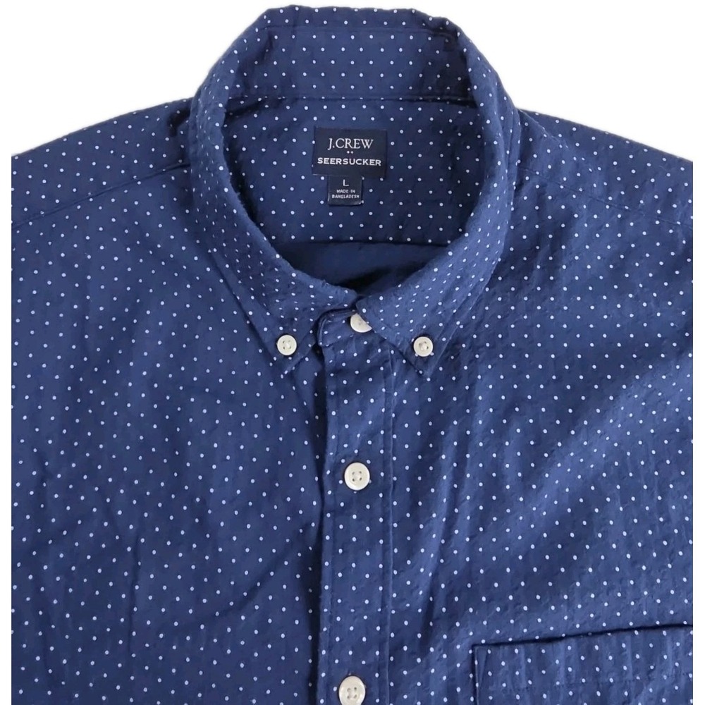J. Crew Seersucker Shirt Mens Large Navy w Dots SHORT Sleeve BUTTON DOWN